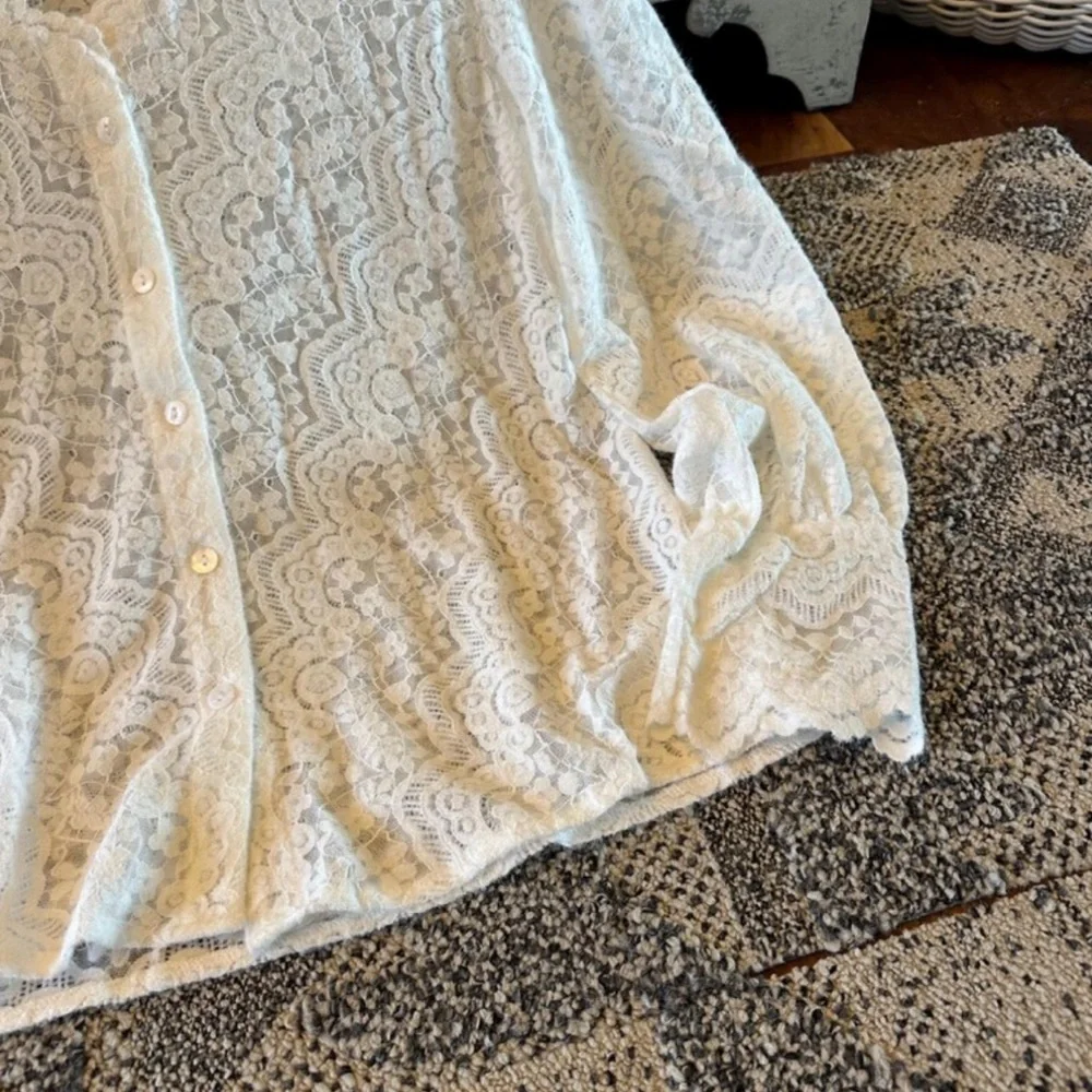 Scalloped Lace Button Front White Blouse Romantic Boho Style, Feminine Top - Picture 8 of 11